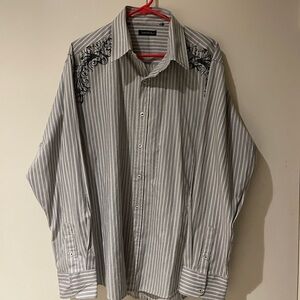 Elegant Gray Striped Men's Shirt with Embroidery